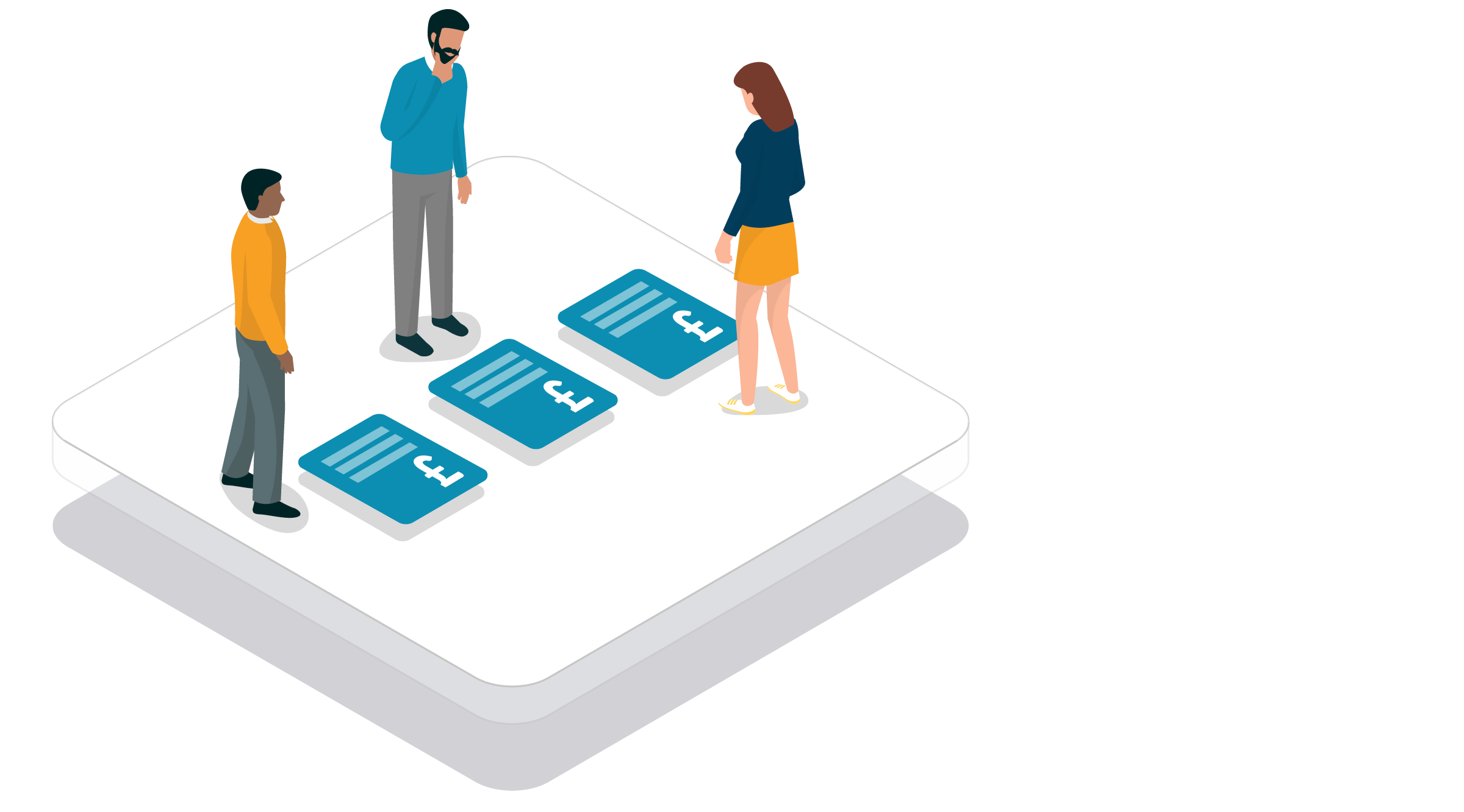 illustration of three people looking down at three different documents with £ signs